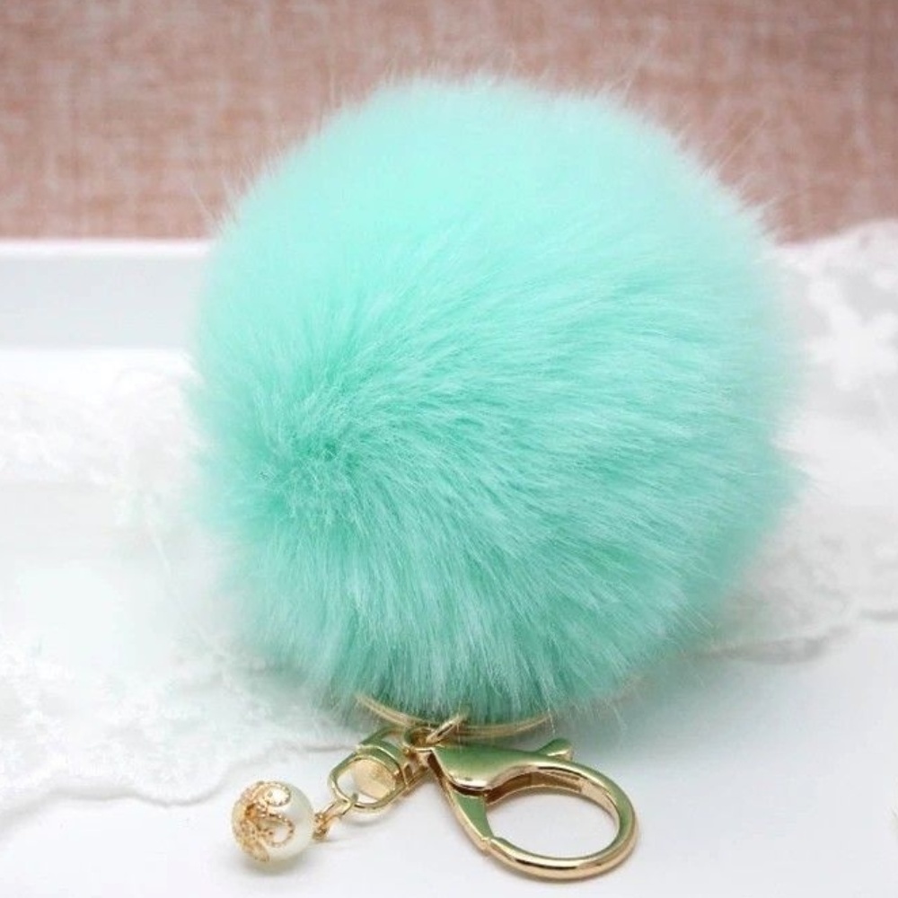 Teal Fur Pompom keyring chain purse charm pull